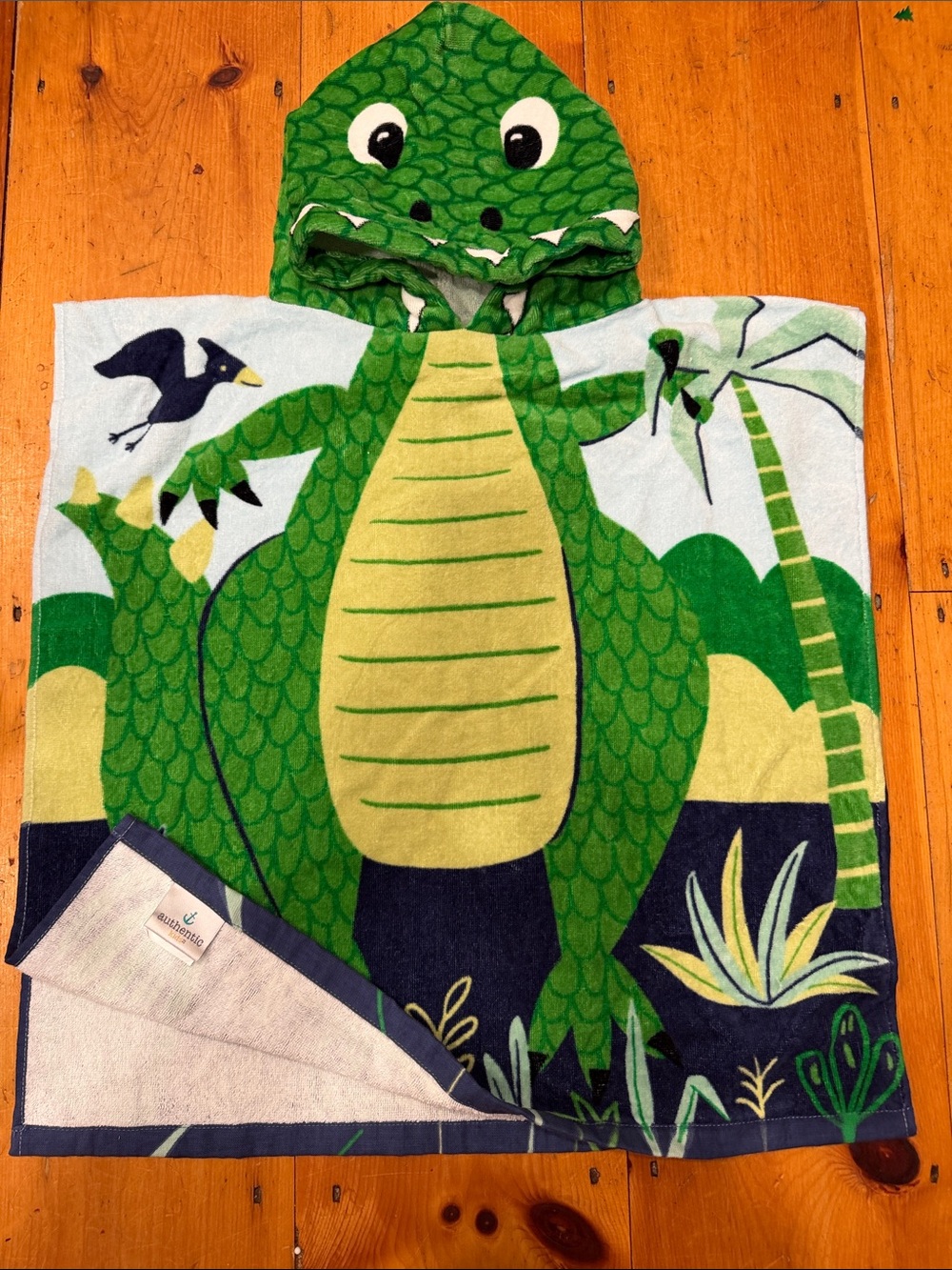 Green Dino Hooded Kids Swim Coverup pterodactyl Poncho Towel
